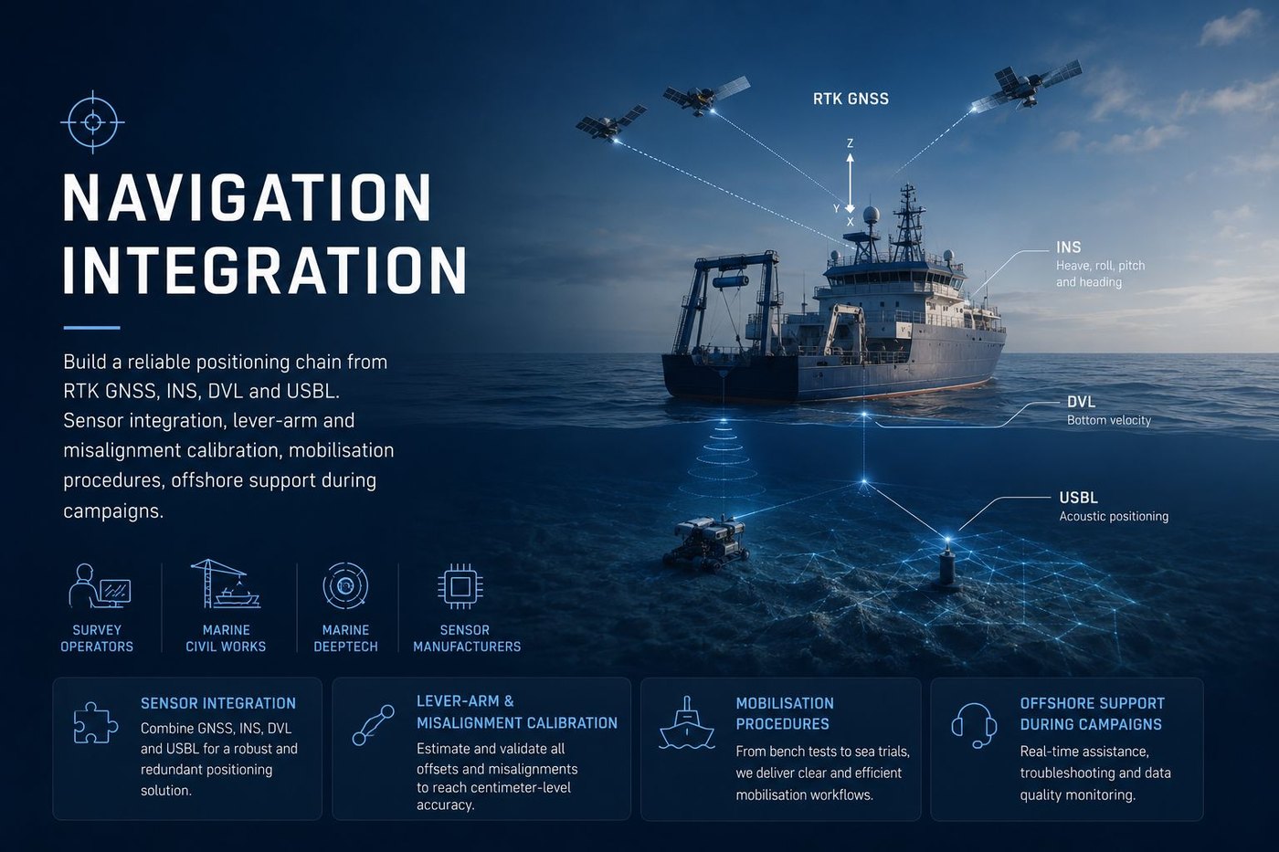 Navigation integration — RTK GNSS, INS, DVL and USBL positioning chain