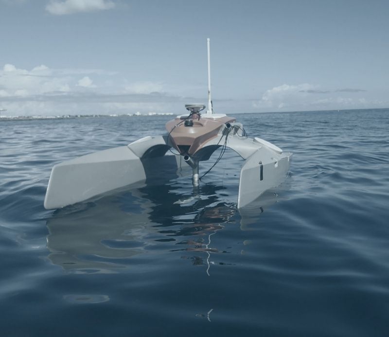 Catamaran surface drone on trials off La Réunion
